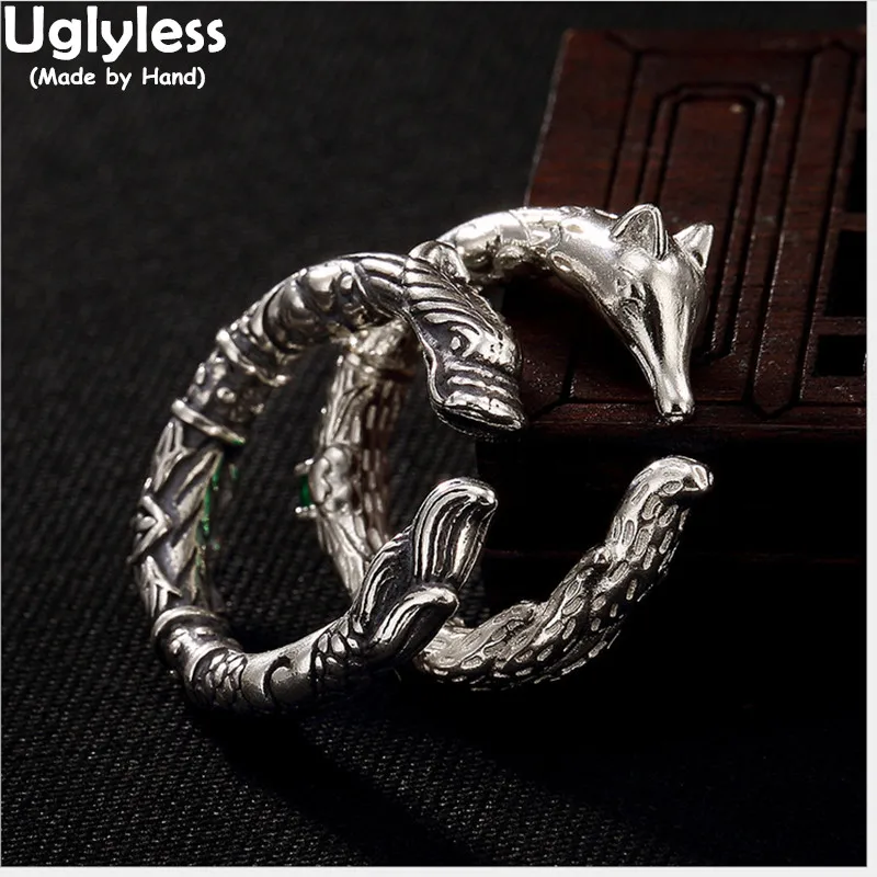 

Uglyless Real 925 Sterling Silver Handmade Fine Jewelry Mens Dragon Rings Women Fox Open Ring Lovers Ethnic Green Crystal Bijoux