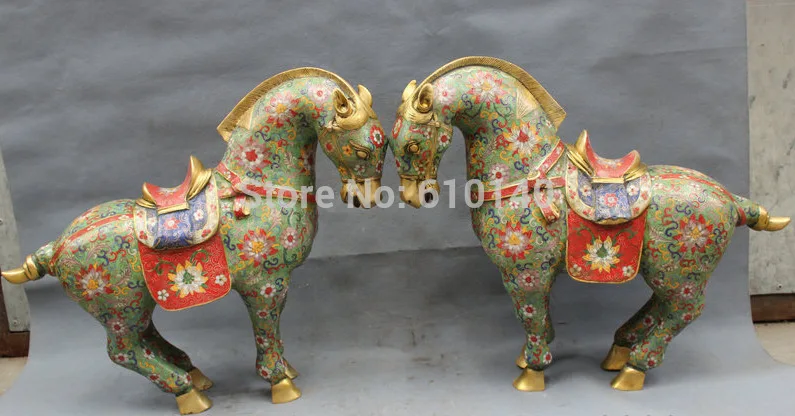 

18" Folk Chinese Cloisonne Enamel Bronze Gilt Year War Tang Horse Statue Pair