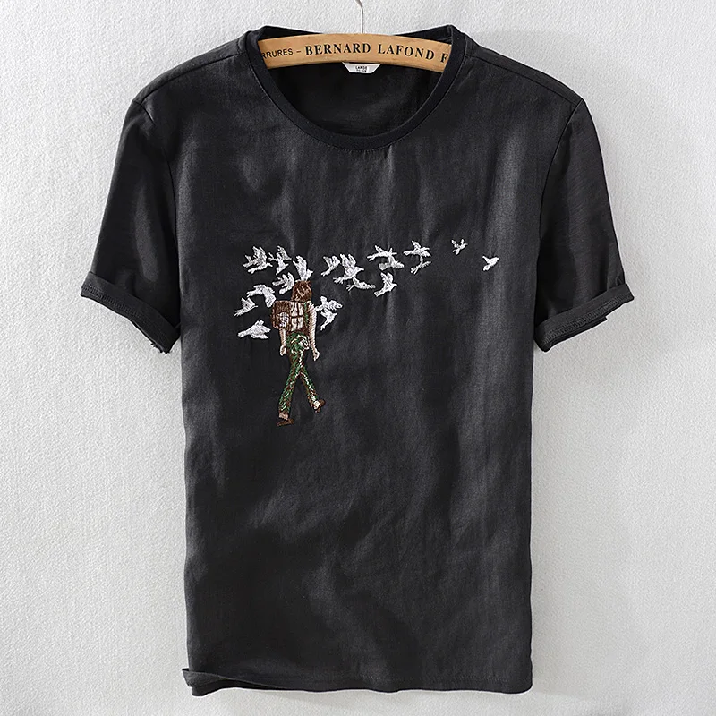 

2018 New design short-sleeved linen tshirt men brand french style summer black t shirts male O-neck embroidery t-shirt man