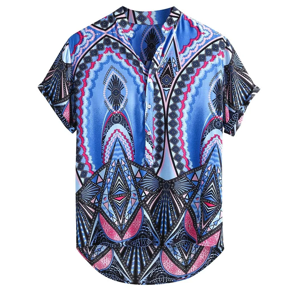 New Stylish Hauts pour hommes Mens Pure Cotton Colorful Printing Loose Stand Collar Pullover Short Sleeve Shirt Ropa de hombre - Цвет: Синий