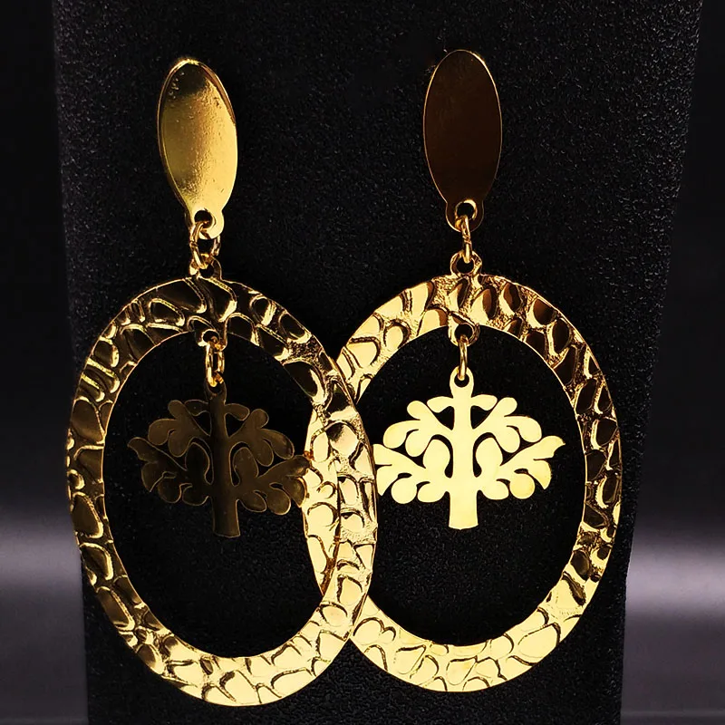 

2019 Tree of life Stainless Steel Earrings for Women Jewelry Gold Color Big Stud Earring Jewelry pendientes mujer moda E612380