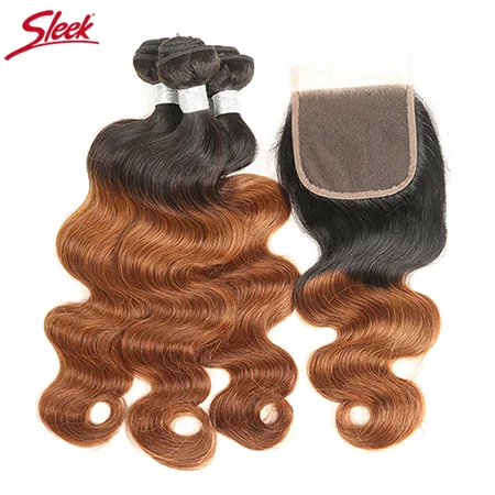 Sleek малазийские волнистые волосы человеческие волосы пучки волос с эффектом деграде(переход от темного к Волосы remy 3 пряди с T1B/99J Кружева Закрытие - Цвет: T1B/30