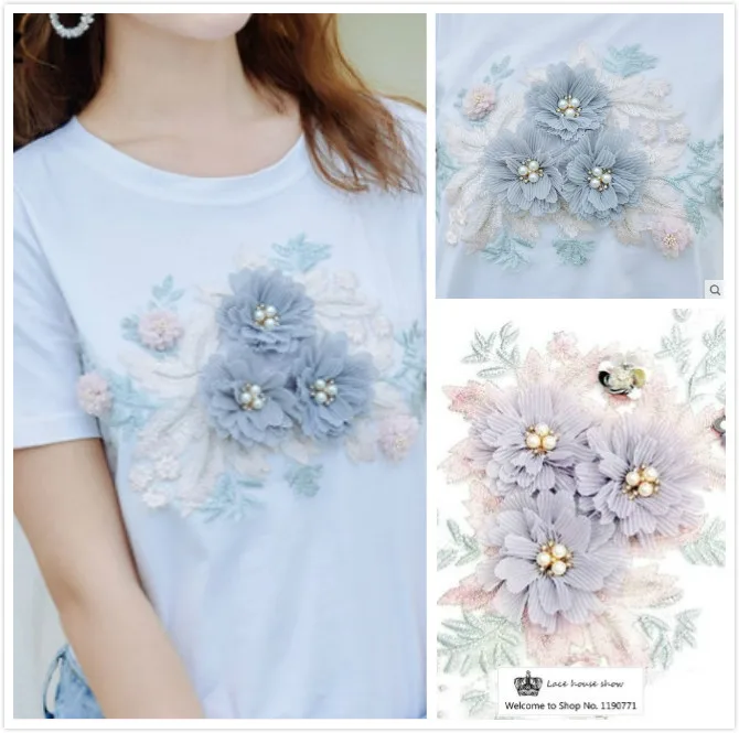 

New Pink Embroidery Thread Flower Hand Pleated Aapplique Beads Decoration DIY Clothing Accessories