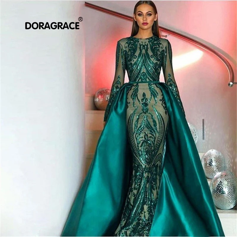 

Gorgeous Real Photo Long Sleeves Prom Gowns Mermaid Evening Dresses With Detachable Train