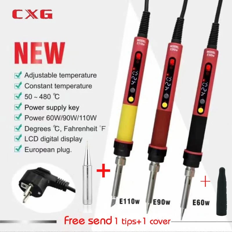 NEWEST 110V/220V EU/US/AU  ROHS CXG E60WT/90WT/110WT LCD Temperature Digital LED Adjustable Electric Soldering Iron+tips best soldering iron for electronics