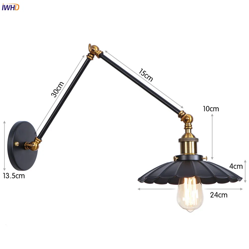 IWHD светодиодный настенный светильник с длинными ручками, Светильники для спальни, лестницы, ванной комнаты, Edison, Ретро стиль, лофт, промышленный винтажный настенный светильник, лампа Lampen - Цвет абажура: Black