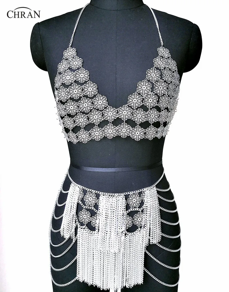 

Chran Flower Chain Bra Bralete Top Disco Skirt Party Dress Beach Cover Up Ibiza Harness Necklace EDM Festival Jewelry CRS222