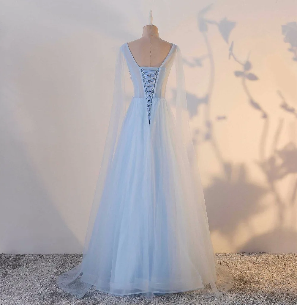 Vestidos De Festa Baby Blue Элегантный Sheer Средства ухода за кожей Шеи Бисер с цветочной аппликацией Кружево линии Длинные Подружкам невесты