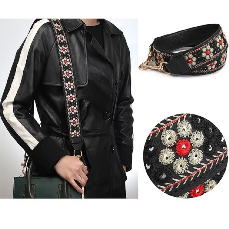 

110X4cm Vintage Style Genuine Leather Ladies Handbag Shoulder Strap Embroidery Flower Strip Decor Replacement Handbag Belts
