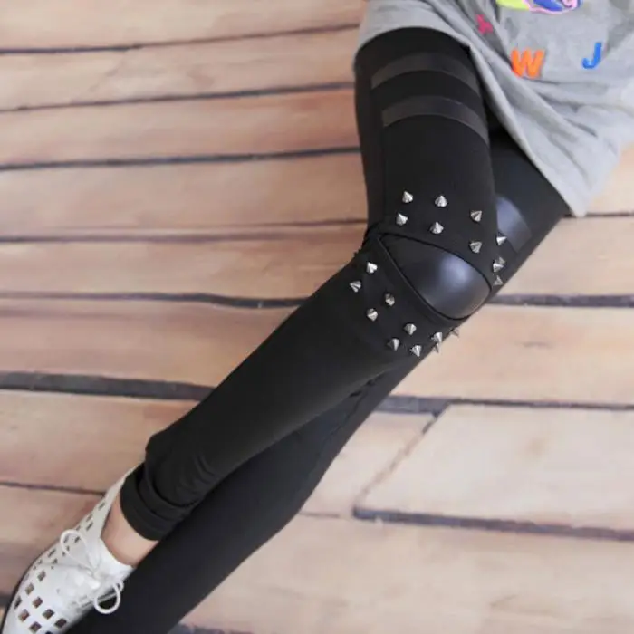 Модные женские Панк до колена заклепки шпильки шип нашивка из искусственной кожи Леггинсы Брюки calzas deportivas mujer фитнес