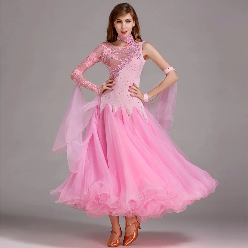 Платье для бальных танцев, современный вальс, стандартный конкурс, желтое платье для танцев - Цвет: Pink