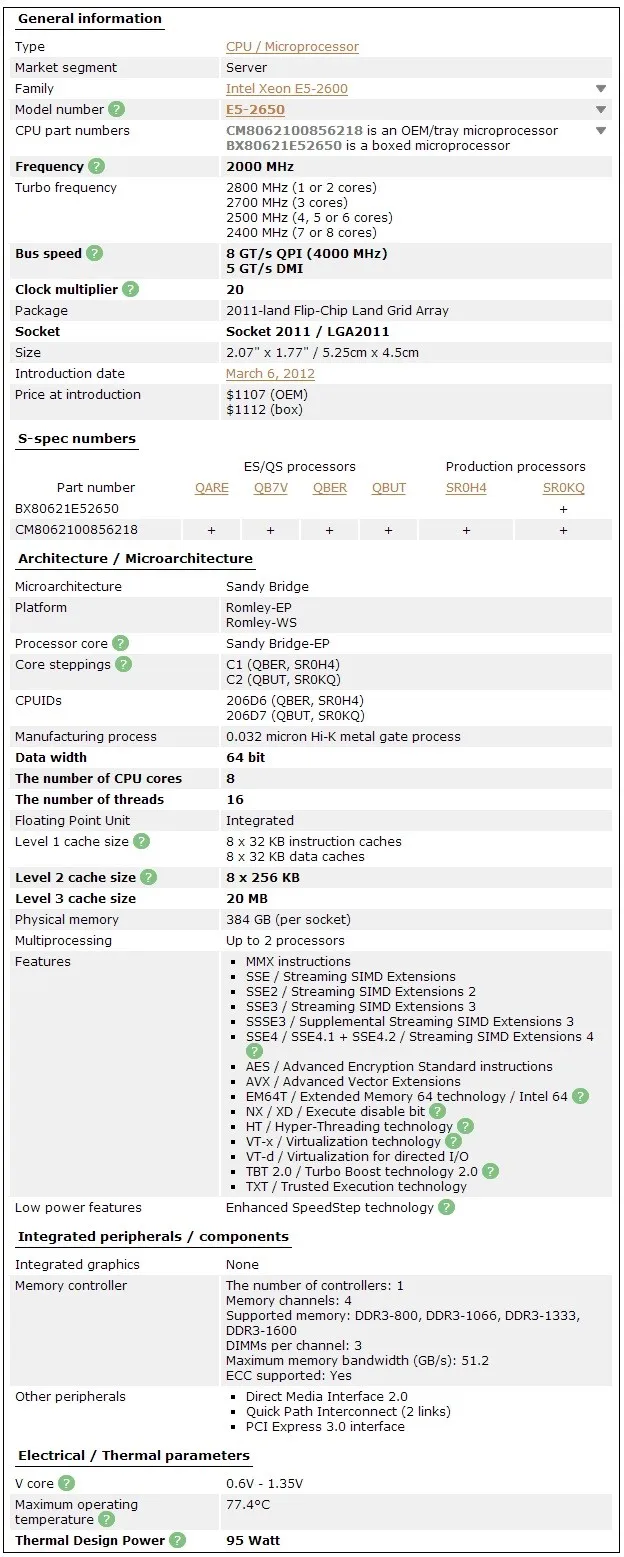 INTEL Ксеон E5-2650 SR0KQ C2 процессор 8 CORE 2,0 ГГц 20 м 8GT/s 95 Вт Процессор E5 2650