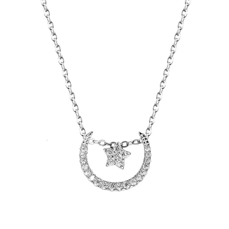 moon star full cz necklace woman 100% 925 Sterling silver nacklace Jewellery Clavicle chain pendant charms girl gift