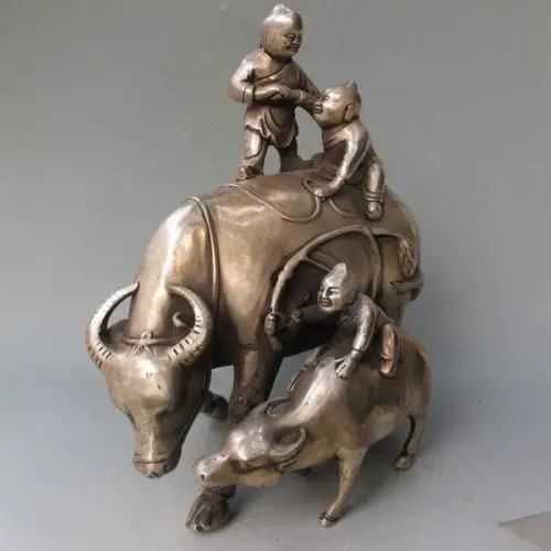 

xd 001704 Chinese Folk Culture HandMade Silver Bronze statue Bull cowhand Boy Sculpture
