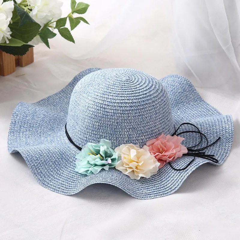 Doitbest/Розничная, 5 цветов, летняя детская соломенная шляпа с цветком, простая волнистая соломенная шляпа с большими полями для мальчиков и девочек, пляжные шляпы, шляпа от солнца для родителей и детей