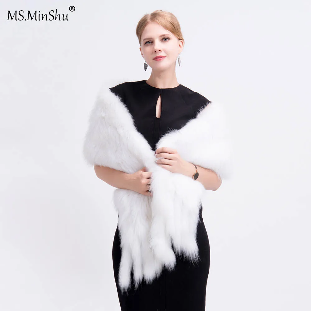 

Ms.MinShu White Fox Fur Shawl Hand Knitted Fox Fur Wrap Natural Fox Fur Scarf with Fringes Wedding Shawl Luxury White Fur shawl