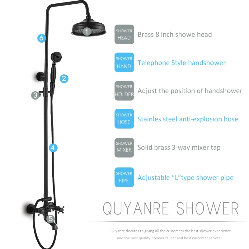 Quyanre Бронзовый черный смеситель для душа набор Латунь Дождь Насадки для душа 3-х полосная смесителя Двойные Ручки Смеситель для ванны смеситель для душа комплект