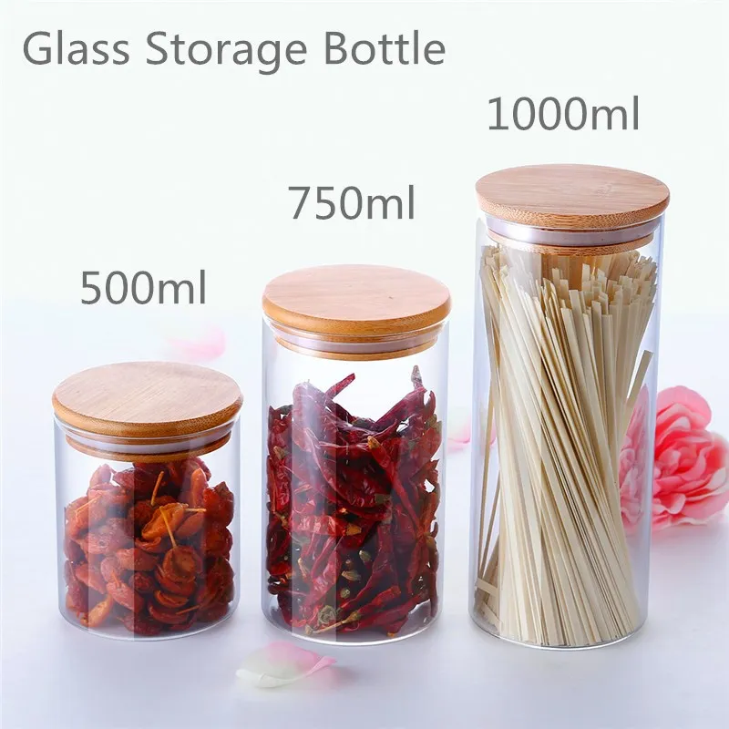 

GuangYi Kitchen Classification Box 500ML Glass Seal Pot With Natural Bamboo Storage Box With Rubber Ring Leakproof Store Food