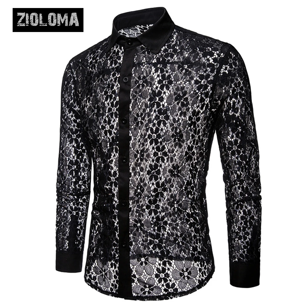 

ZIOLOMA Men's Sexy Fishnet Shirts See Through Lace Sheer Shirts Button Down Luxury Floral Embroidery Long Sleeve