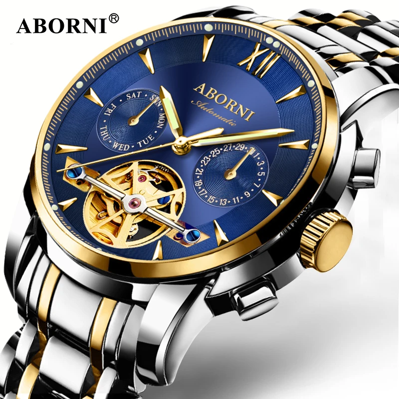 

ABORNI Skeleton Tourbillon Multifunctional Mechanical Men Watch Automatic Luxury Brand Mens Business Watches Relogio Masculino