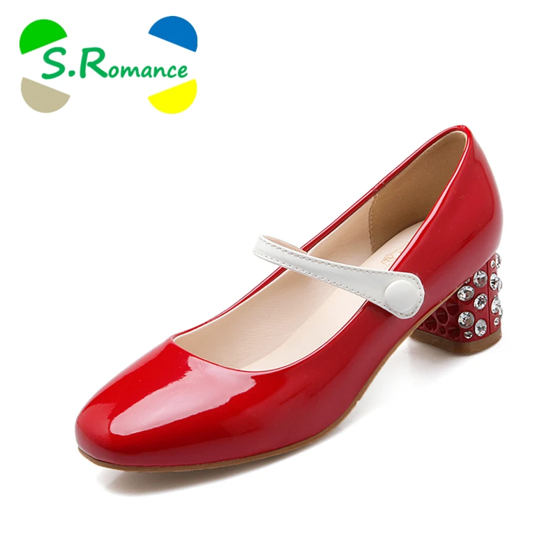 

S.Romance Women Pumps Plus Size 34-43 Fashion Elegant Square Toe Buckle Strap Square Heel Woman Shoes White Red Black Nude SH613