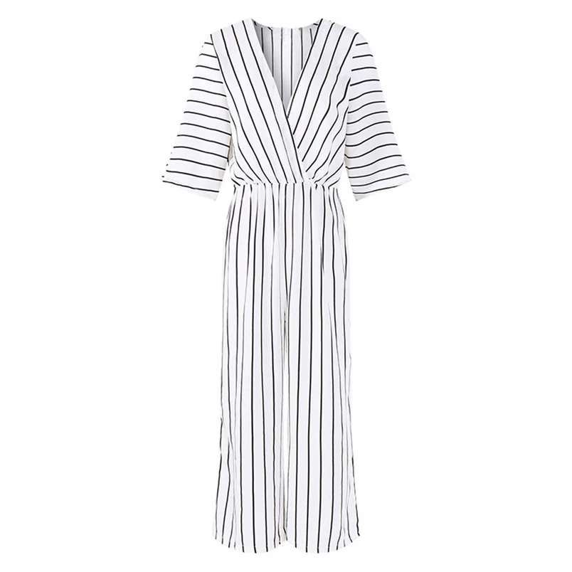 Fashion Women Autumn Jumpsuit Holiday Sexy V-Neck Three Quarter Sleeve Striped Loose Wide Leg Jumpsuit Playsuit Combinai F#S04 (19)