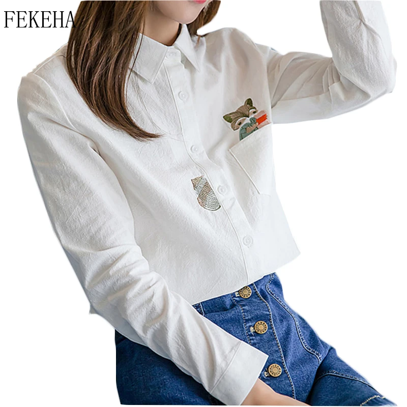 

FEKEHA Fox Embroidery Shirts Women 2019 Autumn Lady White Blue Blouses Women Cotton Long Sleeve Tops Casual Student Clothes