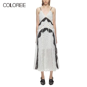 

COLOREE Self Portrait Designer Elegant Midi Dress 2019 Summer White With Black Polka Dot V-Neck Sling Patchwork Lace Dress