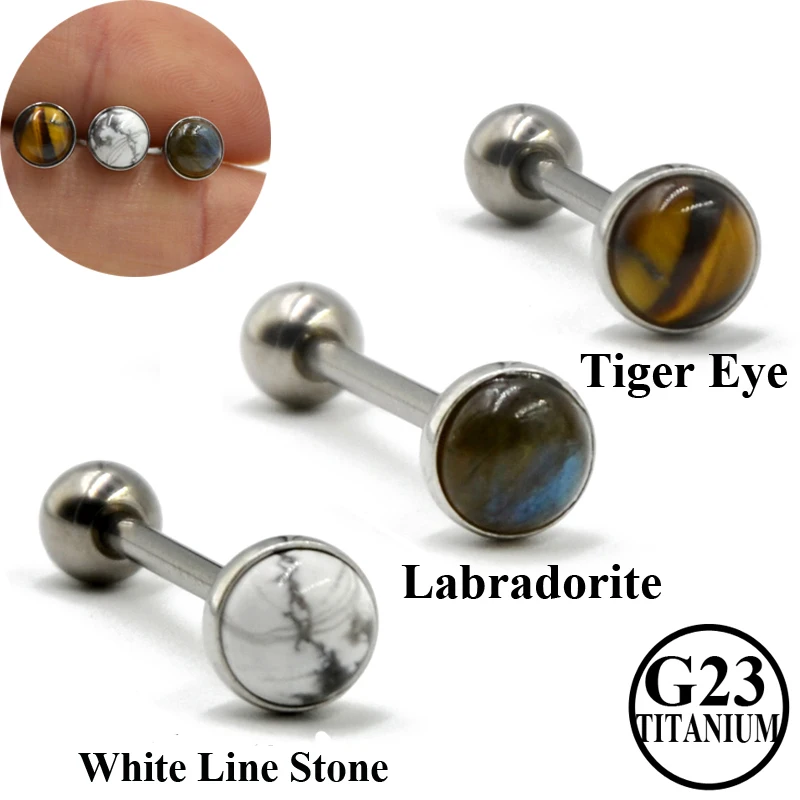

1Piece Titanium Or Steel Barbell Labradorite Tiger Eye White Line Stone Tongue Barbell Ring Body Piercing Tougue Bar Jewelry