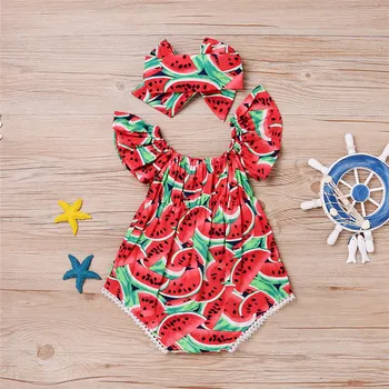 

Summer Infant Baby Girls Cute Cartoon Watermelon Bodysuits Short Sleeve O-Neck Jumpsuits Outfits & Bow Headband Sunsuit 2 Pcs