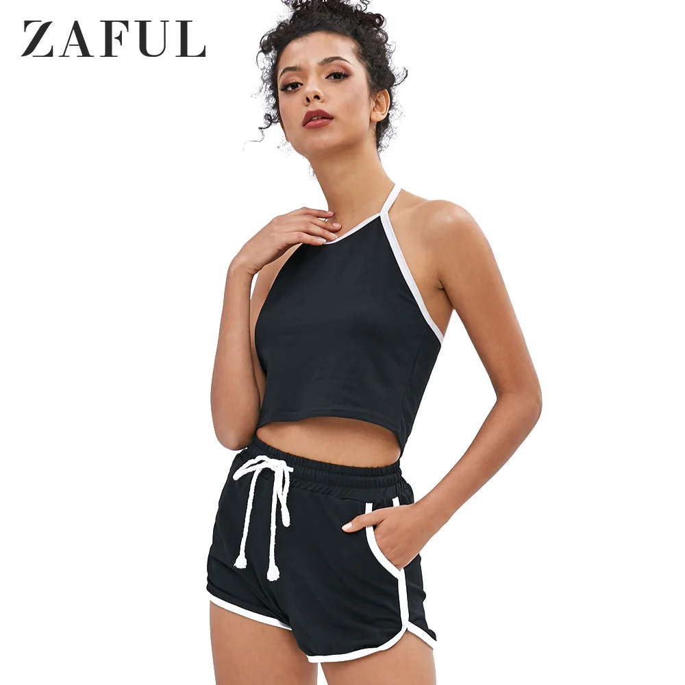

ZAFUL Womens Two Piece Sets Summer Ladies Two Way Sleeveless Halter Sexy Crop Top And High Waist Drawstring Piping Shorts Set