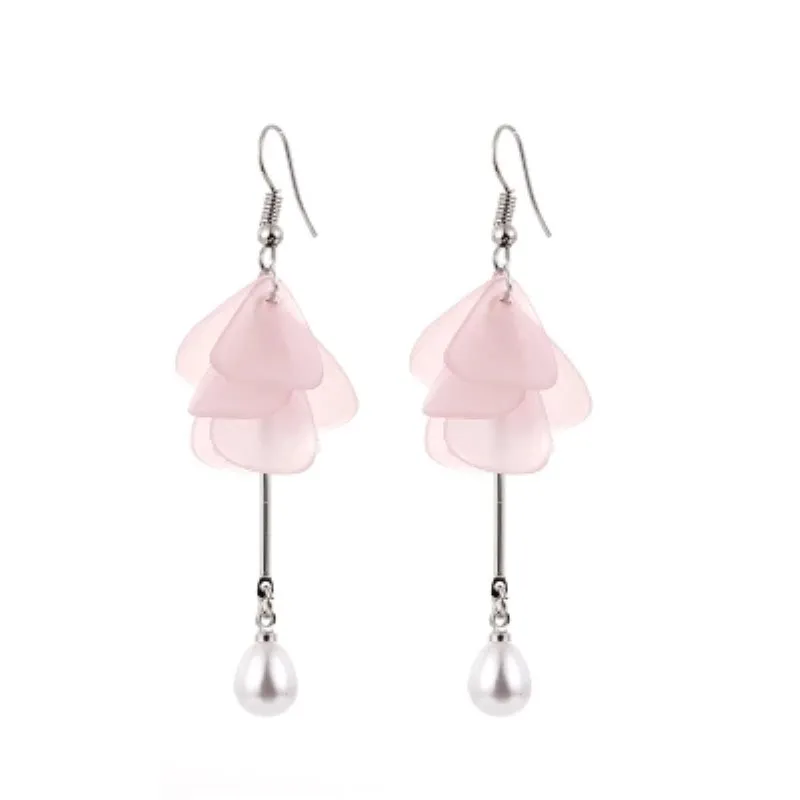 

Glossy Flower Dangle Earring Lovely Pink Flower Pearl Long Earring for Women Fashion Jewelry 2106