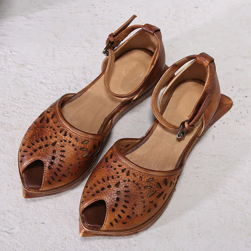 

Artdiya Retro Original 2019 Summer New Peep Toe Flat Sole Women Sandals Genuine Leather Hollow-out Cowhide Buckle Handmade Shoes