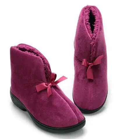 Теплые тапочки; женская зимняя обувь с бантом; лоферы с плюшевой подкладкой; женские домашние тапочки; pantuflas; женская обувь без застежки - Цвет: Rose Red