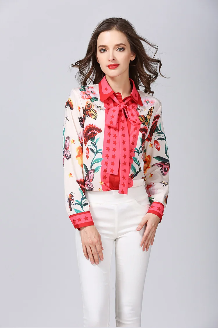 

High quality bowtie print blouses 2018 spring runways S-3XL plus size floral print shirt tops women elegant long sleeve shirt