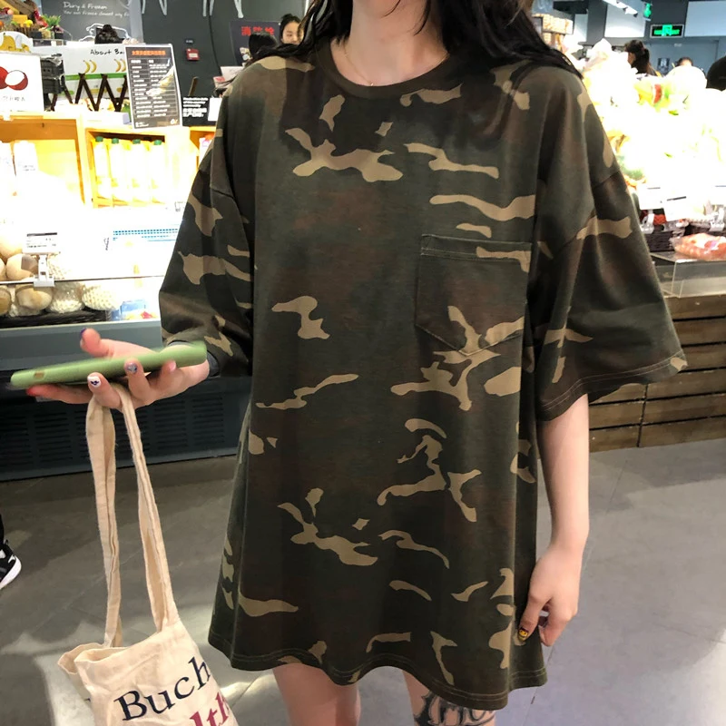 

Camouflage Printed Tshirt Summer Korean Boyfriend Style Loose Pockets Tee Shirt Femme Short Sleeve M-XL Young Streetwear T-shirt
