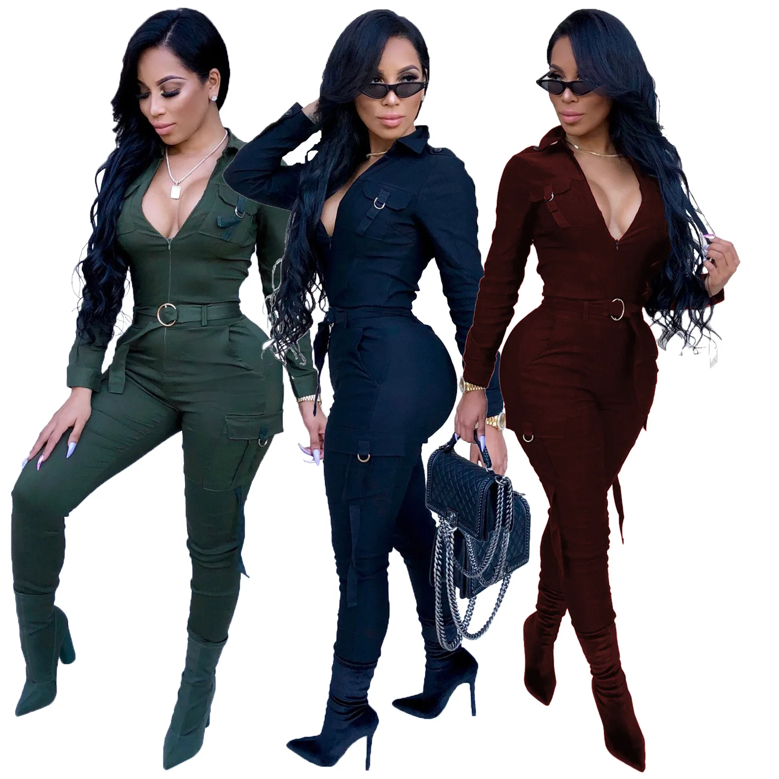 Deep V neck Winter Jumpsuits Women Fashion Solid Color Mid Waist