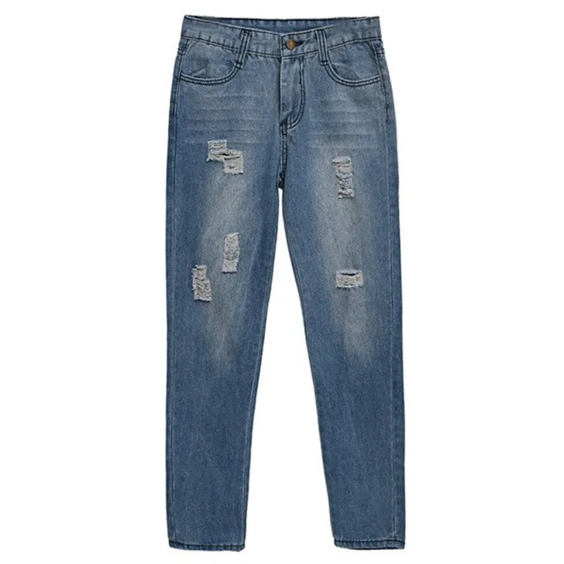 2016 New Fashion Women Ladies Medium Waist Denim Jeans Hole Light Wash Full Length Slim Leg