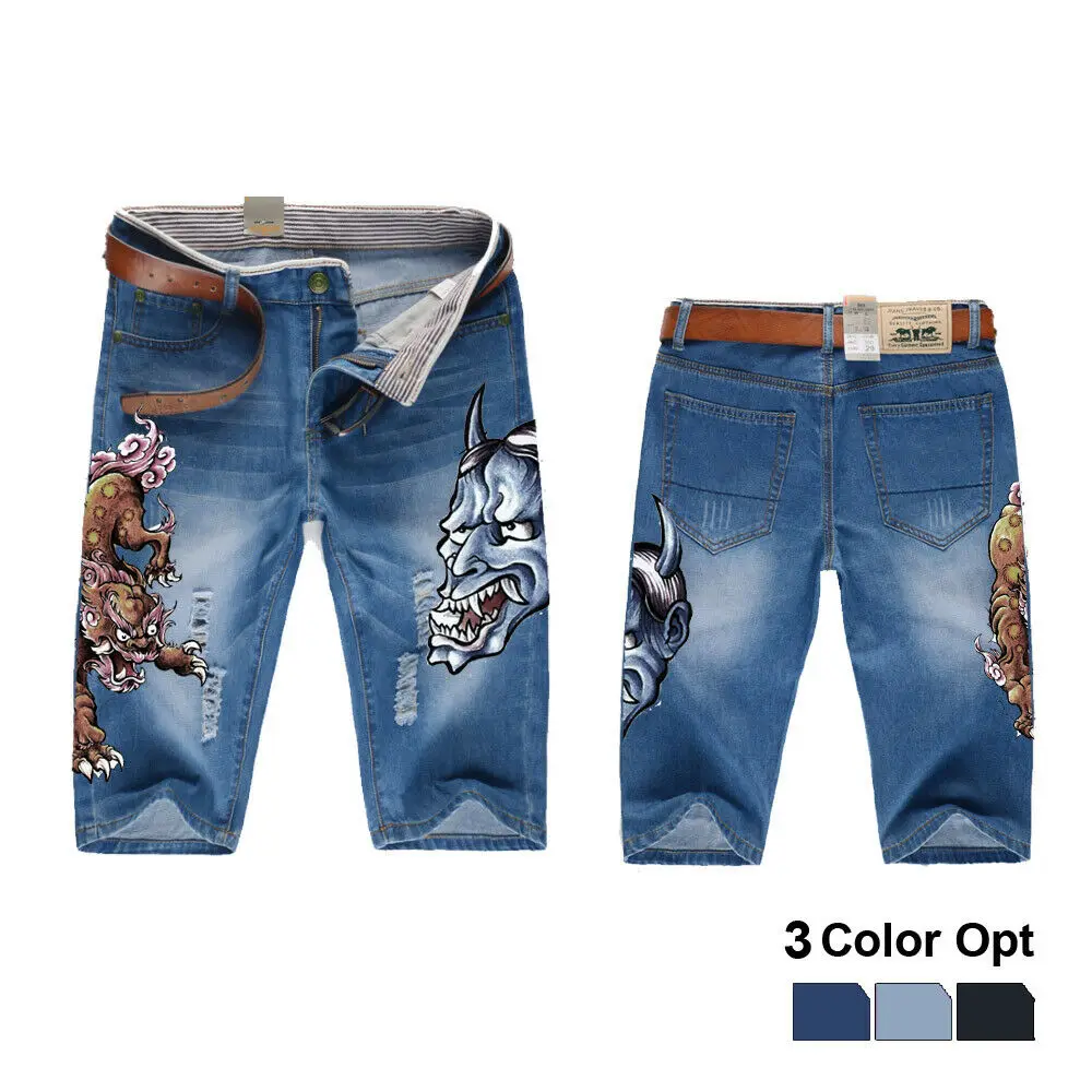 

Men Boy Short Jeans Skinny Hole Ripped Retro Destroy Pants Denim Straigh Trousers Print Design Beach Hip Hop Skate Pants Ghost