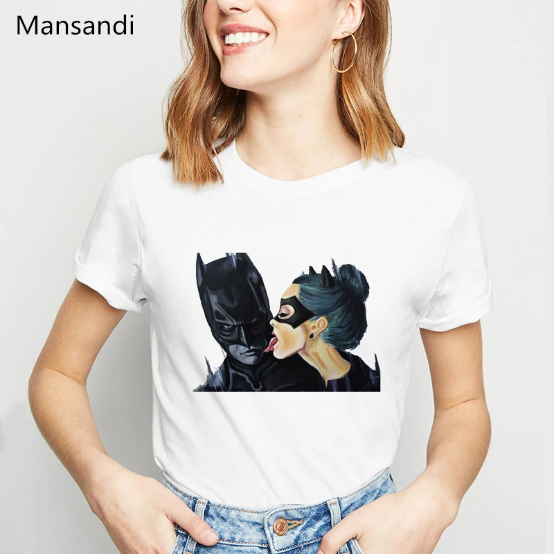 Летние топы, футболка с рисунком Бэтмена и женщины-кошки, женская модная футболка, женская одежда в стиле Харадзюку, женская футболка, уличная одежда