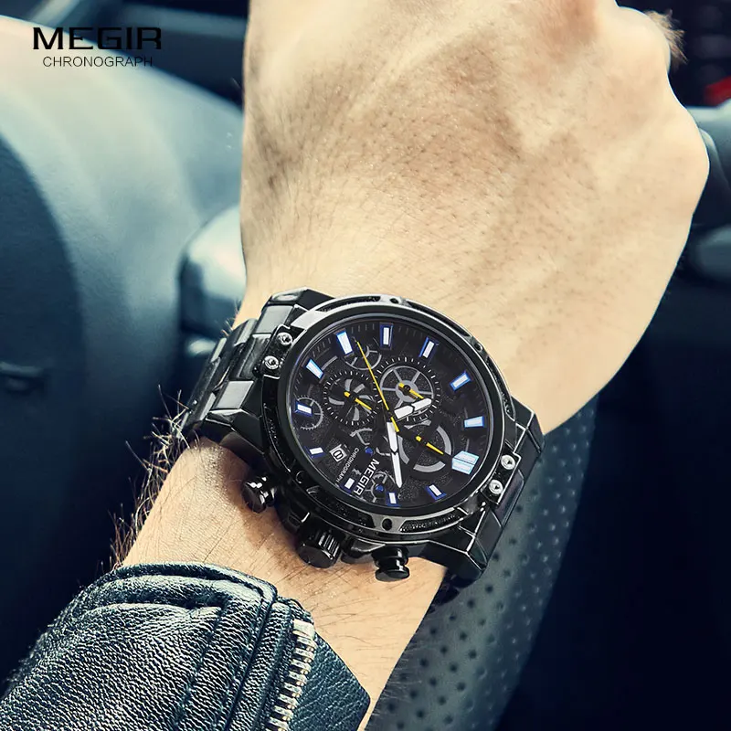 Günstige MEGIR 2019 herren Business Quarz Uhren Armee Sport Chronograph Armbanduhr Mann Top Marke Luxus Relogios Masculinos 2108 Schwarz