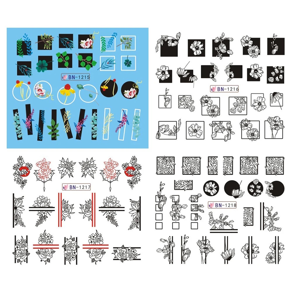 1 шт., черно-белые кружевные наклейки с цветами для ногтей, растения, Зеленый лист, водная слайдер, переводная татуировка, украшения для ногтей, BEBN1213-1224-1