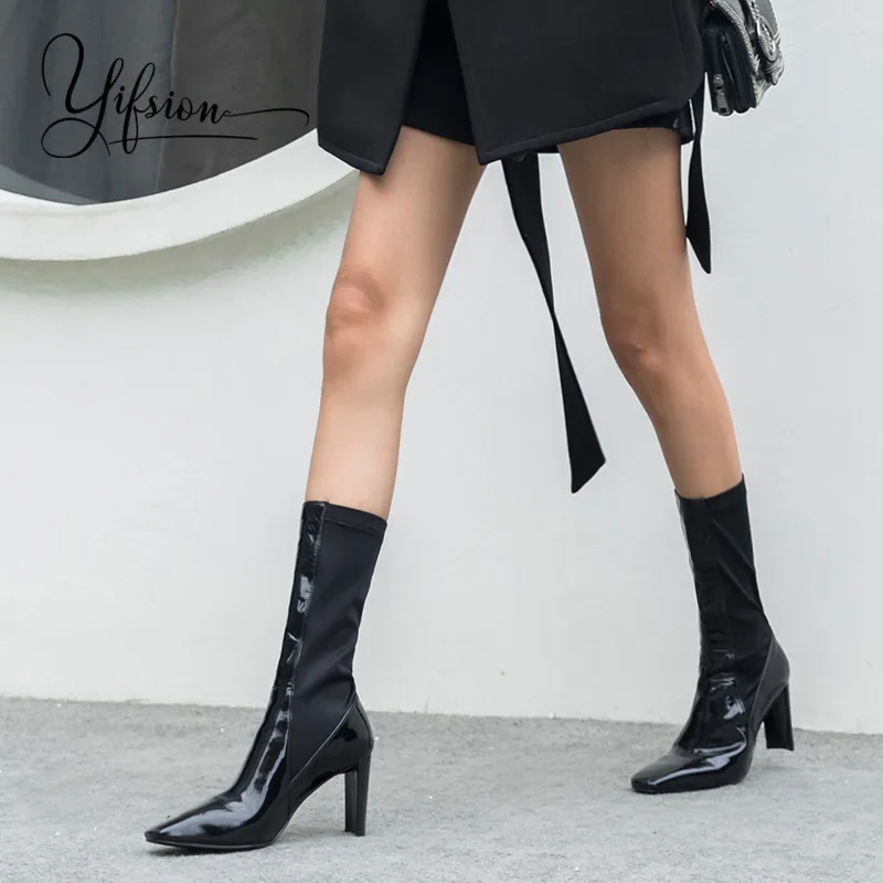 

OLOME New Fashion Black Genuine Leather Gladiator Slip On Women Boots Square Toe Chunky Heel Women Autumn Boots Shoes Woman