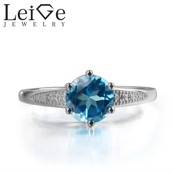 

Leige Jewelry Genuine Swiss Blue Topaz Gemstone Prong Setting Round Cut Romantic Gift For Girls 925 Silver Bridal Ring