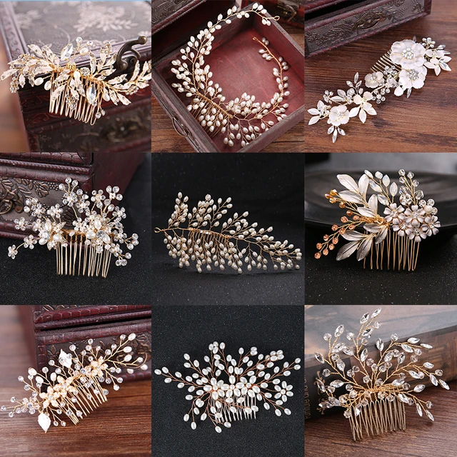 Cheap Many Style Gold Color Crystal Simulated Pearl Hair Comb For Wedding Hair Accessories Handmade Bride Hair Jewelry Headpiece Tiara