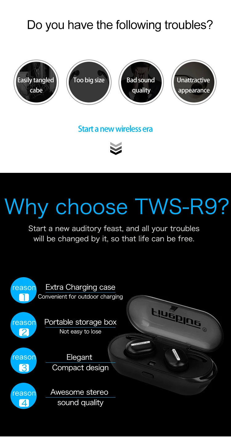 FINEBLUE TWS R9 BLUETOOTH EARPHONE WIRELESS EARBUDS 3D STEREO HIFI HEADSET WITH CHARGE BOX