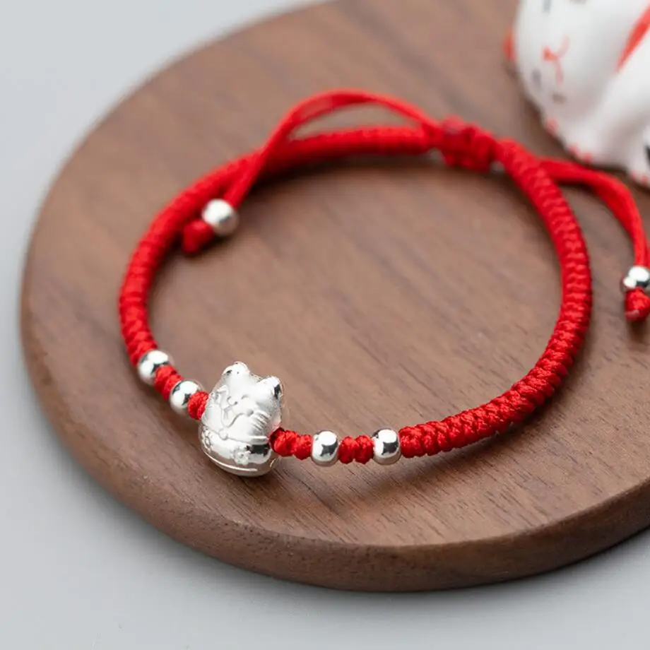 925 Sterling Silver Lucky Cat Beads Rope Bracelet Adjustable Jewelry A2047in Charm Bracelets