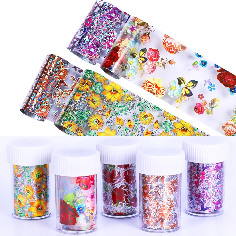 

Nail Foils Holographic Colorful Flowers Mixed Pattern Self-adhesive Transfer Decals Wraps Sticker Nail Art DIY Design Decoration