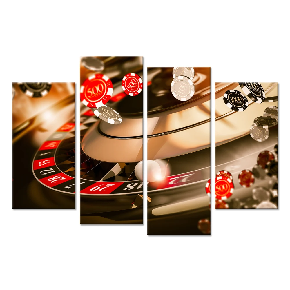 Modern 4 Panel Canvas Wall Art Poker Chips On Revolving Table