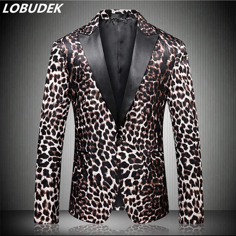 

Leopard Men's Jacket Prom Party Fashion Slim Blazers Outerwear Nightclub Bar singer stage wear performance male costumes show